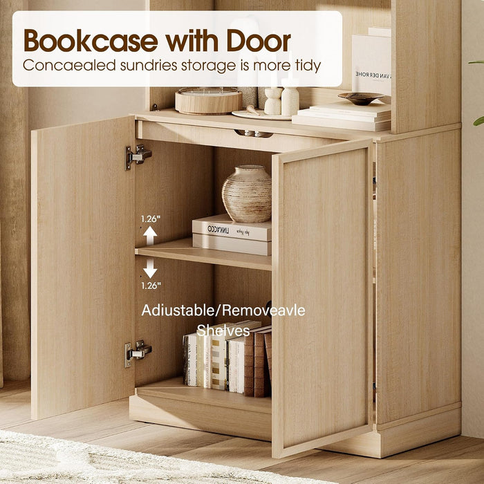 Modern 72" Tall Bookshelf with Doors and Adjustable Shelves, Library Bookcase with Storage Cabinet and Open Book Shelfs, Wood Book Shelf for Home Office, Living Room, Beige, 1 PC