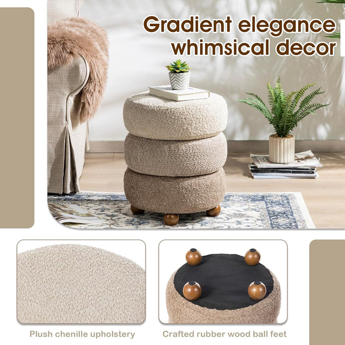 round Ottoman with Storage, Small Foot Stool, Modern Accent Stool Upholstered Vanity Stool with Rubberwood Ball Feet for Bedroom Living Room Dorm Room, Gradient Brown