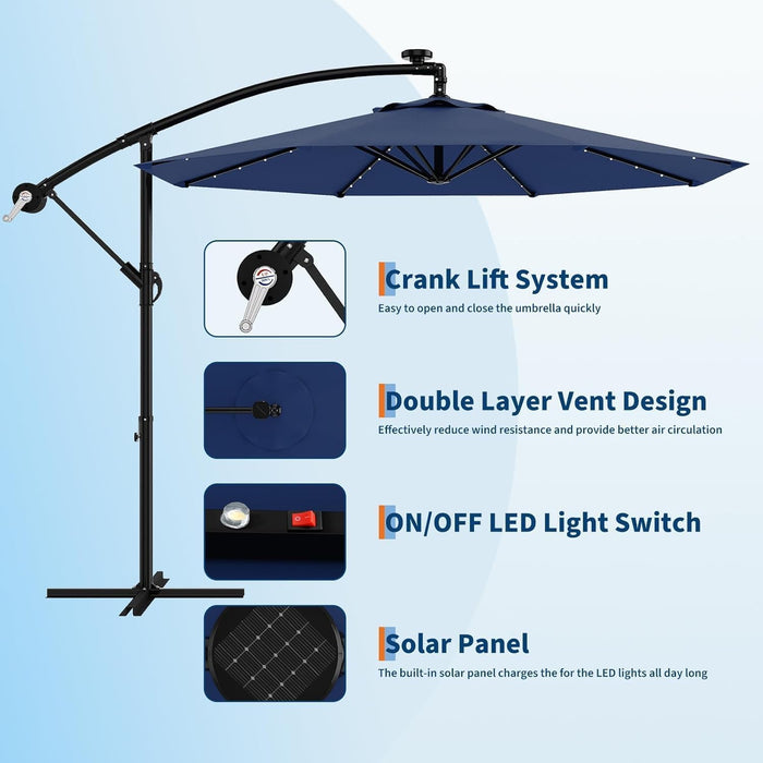 10FT Solar Lights Offset Patio Umbrella with Cross Base, Cantilever Umbrella with Easy Lift & Tilt Adjustment, 8 Ribs Sun Umbrella UV Protection for Backyard, Pool, Garden