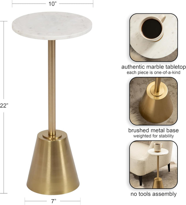 Tira Elegant round Drink Table, 10 X 22, White Marble and Gold, Modern Glam Circle Martini Table for Use as a Small Bedroom Nightstand or Living Room Plant Stand Option