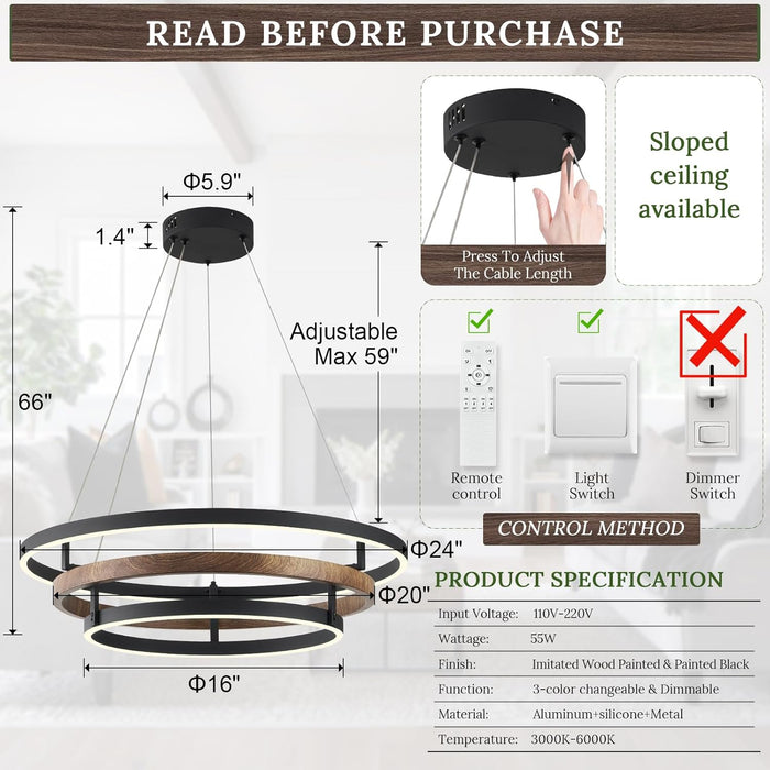 3 Ring LED Chandelier Black round Chandelier Light Fixture Dimmable Farmhouse Foyer Chandeliers Light Wood-Printed Circular Chandeliers for Dining Room Entry Bedroom Office Living Room 24In