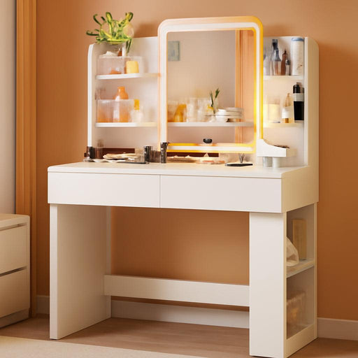 Vanity Desk with Mirror and LED Lights, Makeup Vanity Table with 3 Lighting Color, Adjustable Brightness, Vanity Table with 2 Drawers, Side Storage, for Bedroom (White, No Bench)