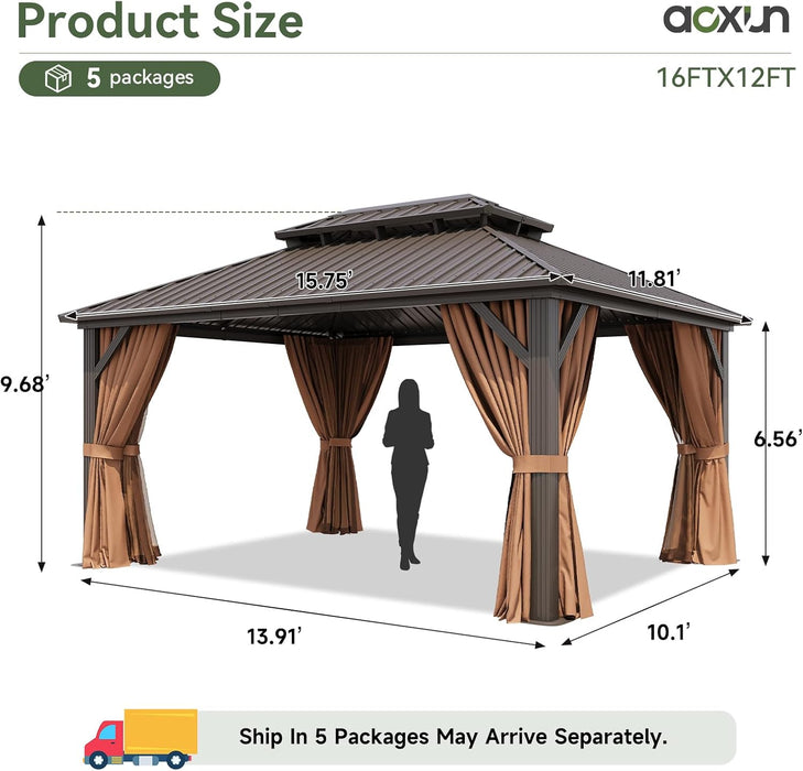 12’X16’ Hardtop Gazebo, Permanent Metal Pavilion with Galvanized Steel Double Roof, Outdoor Pergola with Nettings and Curtains for Lawn, Garden, Patio (Brown)