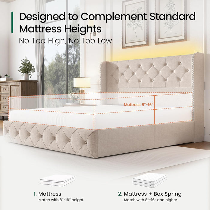 Queen Size Bed Frame with LED Lights and 4 Storage Drawers Linen Upholstered Platform Bed Frame with Tufted Headboard Wingback, No Box Spring Needed, Easy to Assemble, Beige