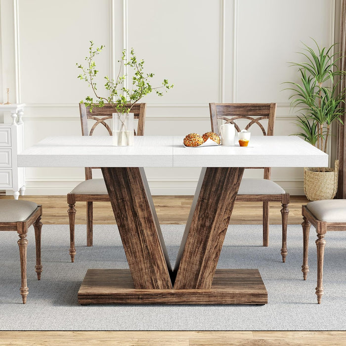47 Inches Dining Table for 4, Modern Dining Room Tables, White Rectangle Kitchen Table with Rustic Brown V-Shaped Pedestal, Wooden Dinner Table for Dining Room, Kitchen, Living Room