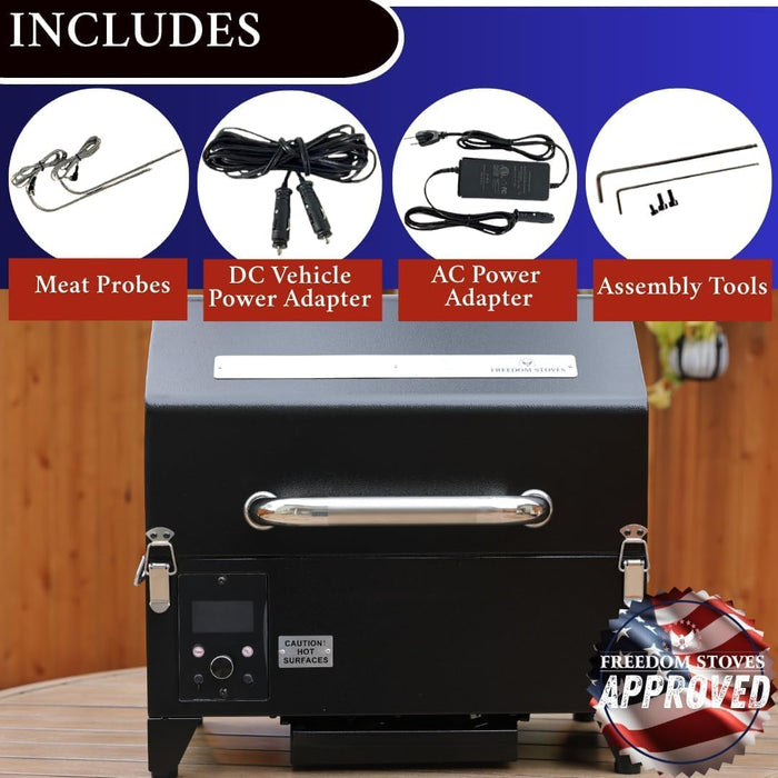 Portable Electric Smoker Grill by Freedom Stoves – 12V/120V Pellet BBQ for Camping, Tailgating & Backyard | Digital Control, Dual Probes, 8.5LB Hopper