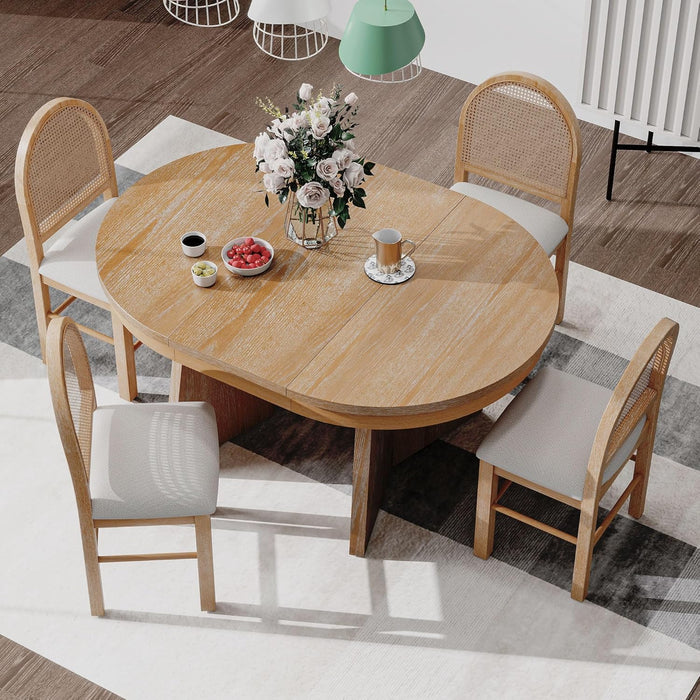 5-Piece Retro Functional Dining Set, Solid Wood Extendable Dining Table with 4 Upholstered Chairs and Rattan Backrests, round Dining Table Set for Dining Room Kitchen (Natural-7.7)