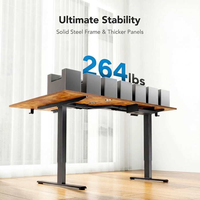 63X40 Inch Dual Motor L Shaped Electric Standing Desk with 3 Preset Heights, Electric Height Adjustable Computer Table, 2 Hooks & Cable Tray, Raising Desk for Home Office, Vintage Brown