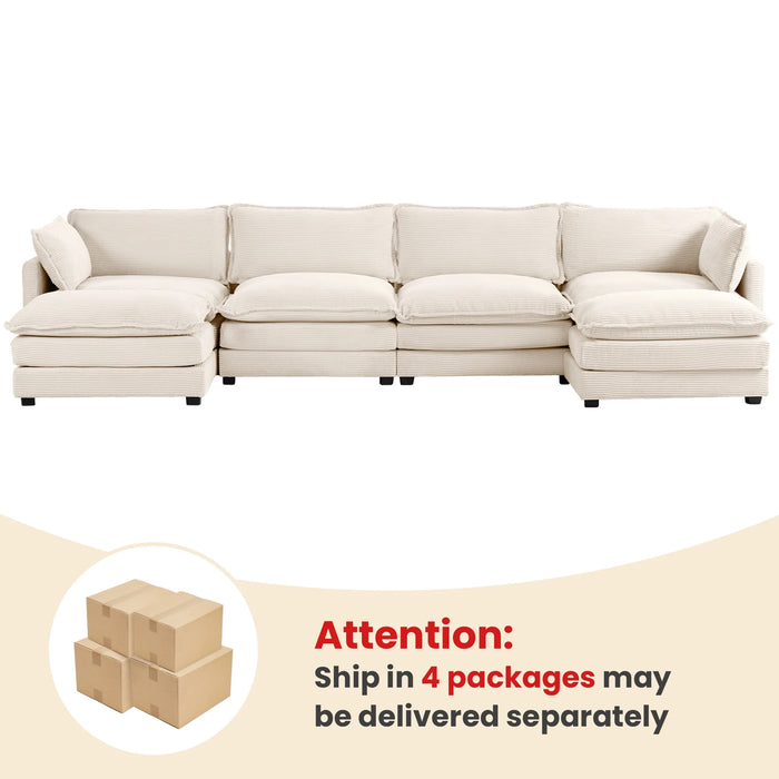 U-Shaped Sectional Sofa Set, Indoor Furniture Convertible Modular Corduroy Sectional Sofa Set with 2 Ottomans for Living Room,Beige