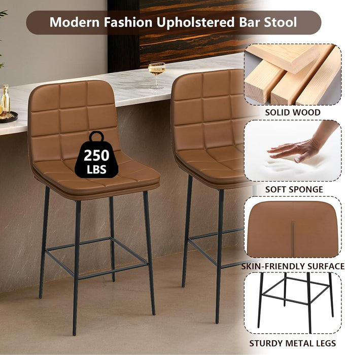25.6 Inch Counter Height Bar Stools Checkered Pattern Modern Faux Leather Armless Bar Chairs with Backrest Metal Legs Footrest Upholstered for Kitchen Island Pub Cafe (Caramel Brown, 4 PCS) - ShipItFurniture