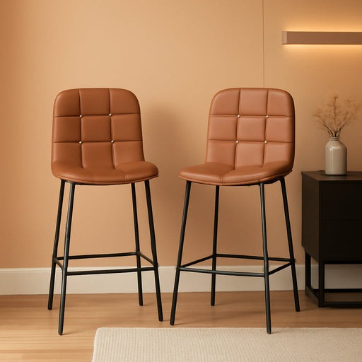 25.6 Inch Counter Height Bar Stools Checkered Pattern Modern Faux Leather Armless Bar Chairs with Backrest Metal Legs Footrest Upholstered for Kitchen Island Pub Cafe (Caramel Brown, 4 PCS) - ShipItFurniture