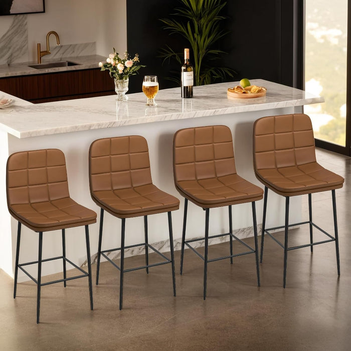 25.6 Inch Counter Height Bar Stools Checkered Pattern Modern Faux Leather Armless Bar Chairs with Backrest Metal Legs Footrest Upholstered for Kitchen Island Pub Cafe (Caramel Brown, 4 PCS) - ShipItFurniture