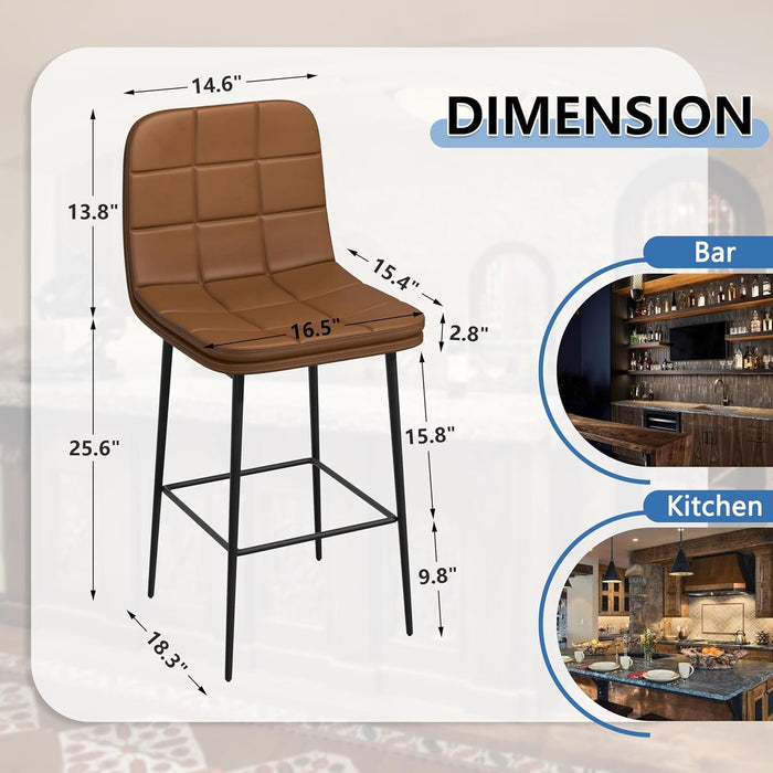 25.6 Inch Counter Height Bar Stools Checkered Pattern Modern Faux Leather Armless Bar Chairs with Backrest Metal Legs Footrest Upholstered for Kitchen Island Pub Cafe (Caramel Brown, 4 PCS) - ShipItFurniture