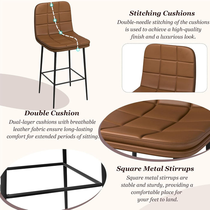 25.6 Inch Counter Height Bar Stools Checkered Pattern Modern Faux Leather Armless Bar Chairs with Backrest Metal Legs Footrest Upholstered for Kitchen Island Pub Cafe (Caramel Brown, 4 PCS) - ShipItFurniture
