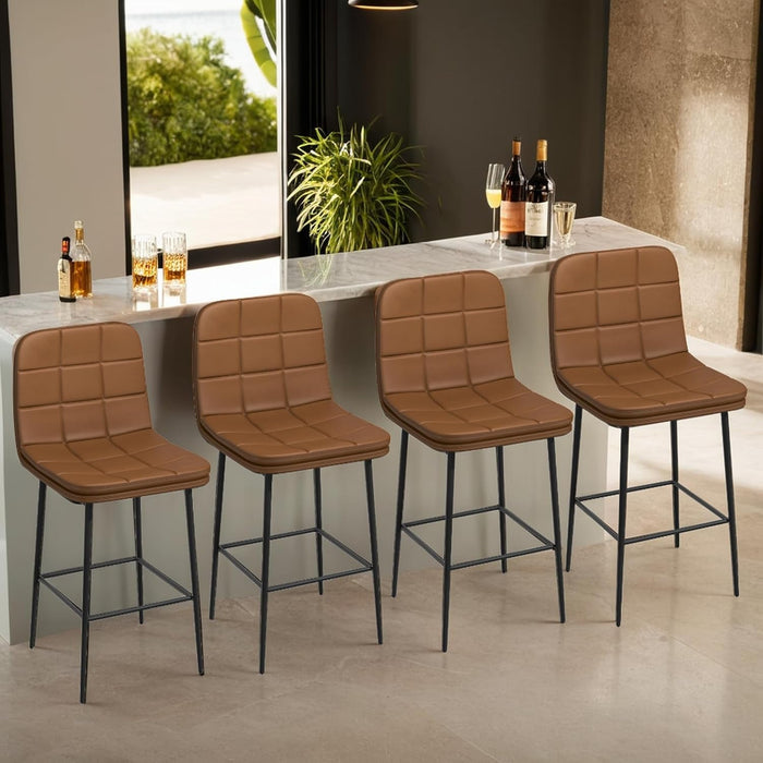25.6 Inch Counter Height Bar Stools Checkered Pattern Modern Faux Leather Armless Bar Chairs with Backrest Metal Legs Footrest Upholstered for Kitchen Island Pub Cafe (Caramel Brown, 4 PCS) - ShipItFurniture