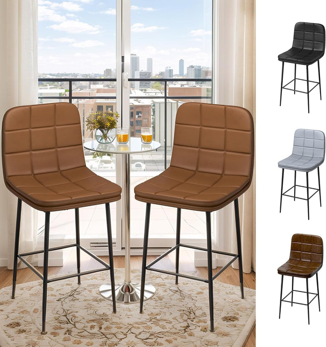 25.6 Inch Counter Height Bar Stools Checkered Pattern Modern Faux Leather Armless Bar Chairs with Backrest Metal Legs Footrest Upholstered for Kitchen Island Pub Cafe (Caramel Brown, 4 PCS) - ShipItFurniture