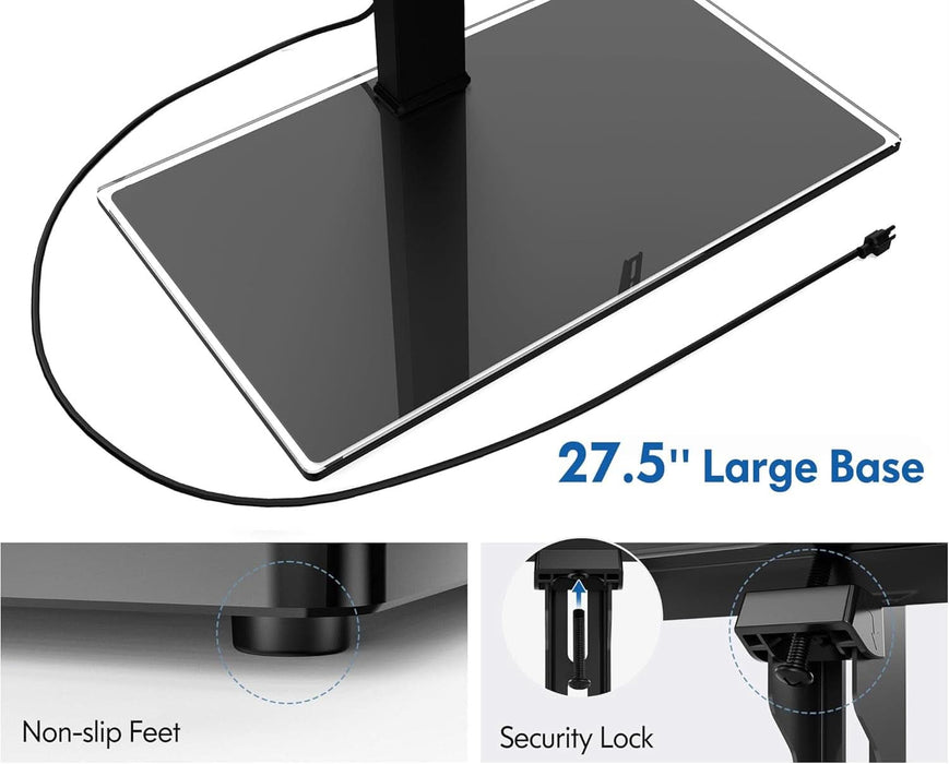 Universal TV Stand with Power Outlets for 50-85 Inch Tvs, Swivel&Height Adjustable Tall TV Stand for Bedroom Living Room, 27.5''Large Tempered Glass Base Holds up to 110 Lbs.