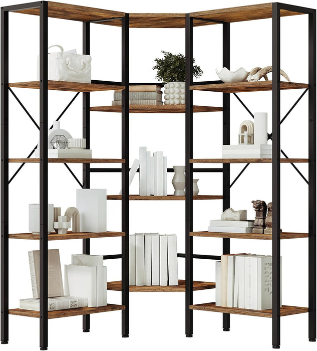 LShaped Corner Bookshelf 5Tier Beveled Edge DarkBrown