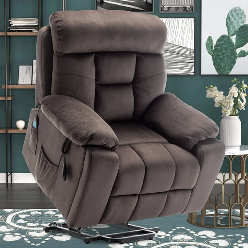 Oversized Electric Massage Lift Chair, Large Power Lift Recliner with Heat Therapy, Fabric Reclining Sofa with Remote, Hidden Cup Holder and Side Pocket for Elderly Seniors, Antique Brown