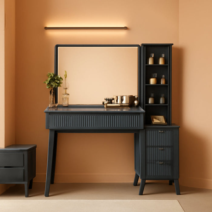 48" Fluted Vanity Desk with 36" Large HD Mirror and Lights, Modern Wood Glass Tabletop Makeup Table with Adjustable Storage Shelves, 5 Drawers, Charging Station for Bedroom, Dark Grey