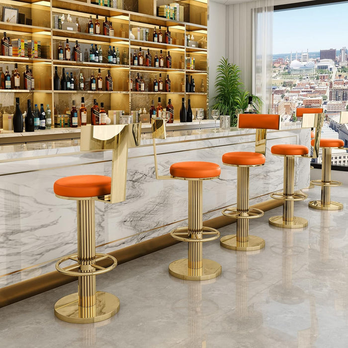 Counter Height Bar Stools with Back, Modern Adjustable Height Barstools Swivel Bar Chair with Polished Gold Stainless Steel Legs for Kitchen Island Counter Living Room Coffee Shop (Orange)