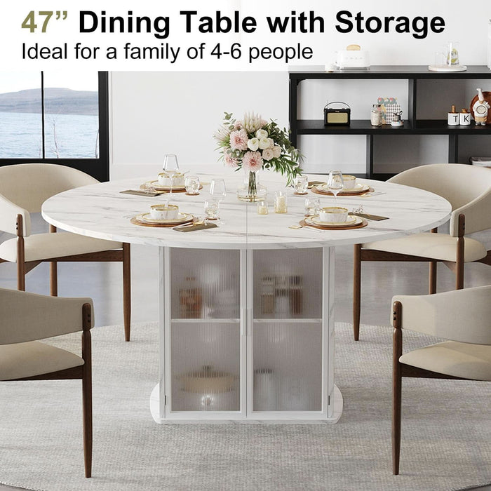 47" White Faux Marble round Dining Table with Storage for Dining Room
