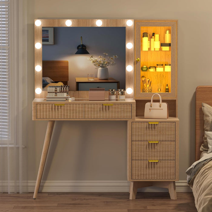 45” Fluted Makeup Vanity Desk with Mirror and Lights, Glass Top Dressing Table with 5 Drawers, LED Lighted Adjustable Cabinet, Trays & Charging Station for Bedroom Dressing Room