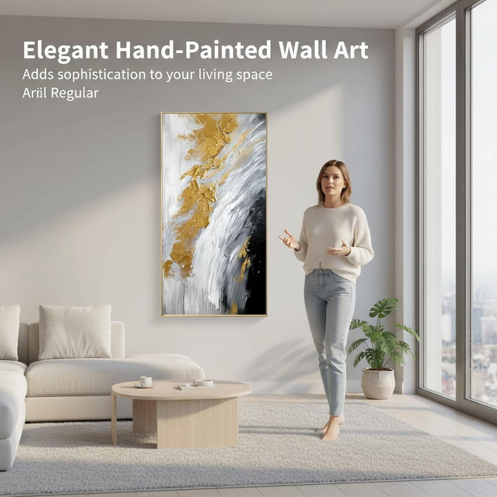 Hand-Painted Black and White Abstract Oil Painting on Canvas for Entrance-Hall, Framed Gold Wall Art for Living Room,Large 3D Wall Picture for Bedroom Kitchen Home Decoration 24X48Inch