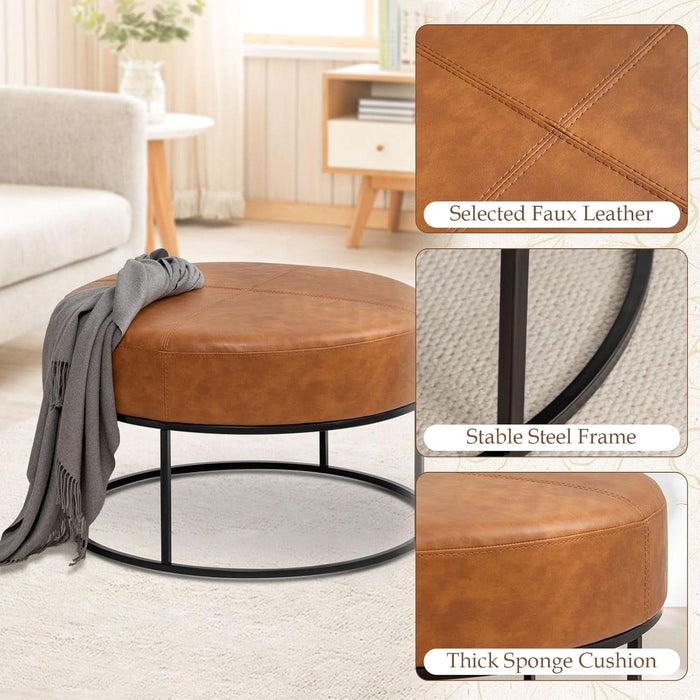 Modern round Coffee Table, Farmhouse Ottoman for Living Room, Large Vintage Leather Coffee Tables with Leather Upholstered Padded Seat [Round, Vintage Brown, 30'']
