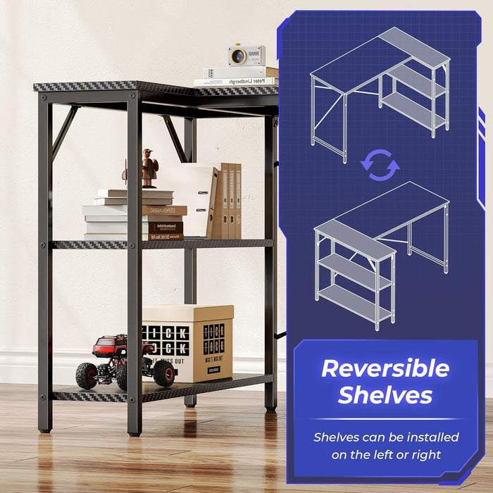 L Shaped Desk, 47 Inches Computer Desk with Reversible Storage Shelves, Gaming Desk, Corner Desk Home Office Desks, Writing Desk Study Desk with Metal Frame, Carbon Fiber Black