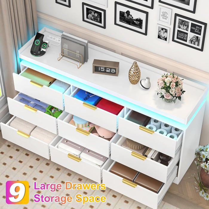 9 Drawer Dresser for Bedroom, White Dresser with LED Lights and Charging Station, Modern Chest of Drawer, Wood Triple Wide Drawer Organizer Cabinet for Bedroom, Living Room, Entryway, Hallway