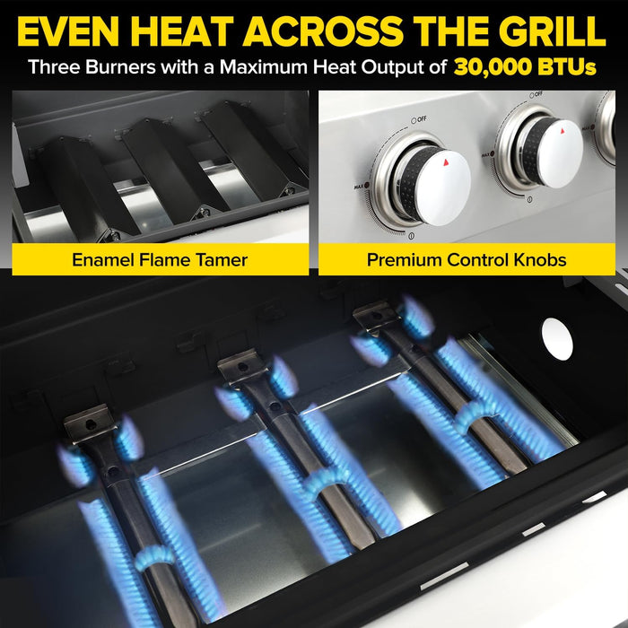 3 Burner Propane Gas Grill, 30,000 BTU Stainless Steel Outdoor BBQ Grill with 322 Sq. In. Cooking Area & 2 Foldable Side Shelves, Patio Cookout Essentials for Backyard