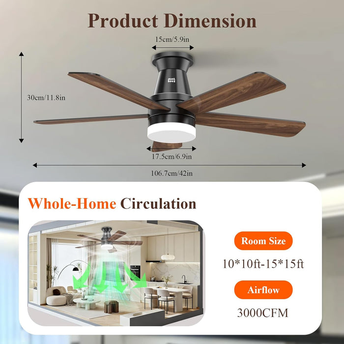 Ceiling Fans with Lights, 42 Inch Ceiling Fan with Light with App/Remote Control, 6000K Dimmable LED, Modern Flush Mount Ceiling Fan for Indoor Bedroom Living Room, DC Reversible, Black
