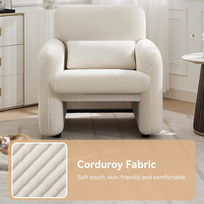 Corduroy Fabric Accent Chair, Modern Upholstered Living Room Chairs with Lumbar Pillow, Wide Comfy Leisure Armchair for Bedroom, Office, Reading, White
