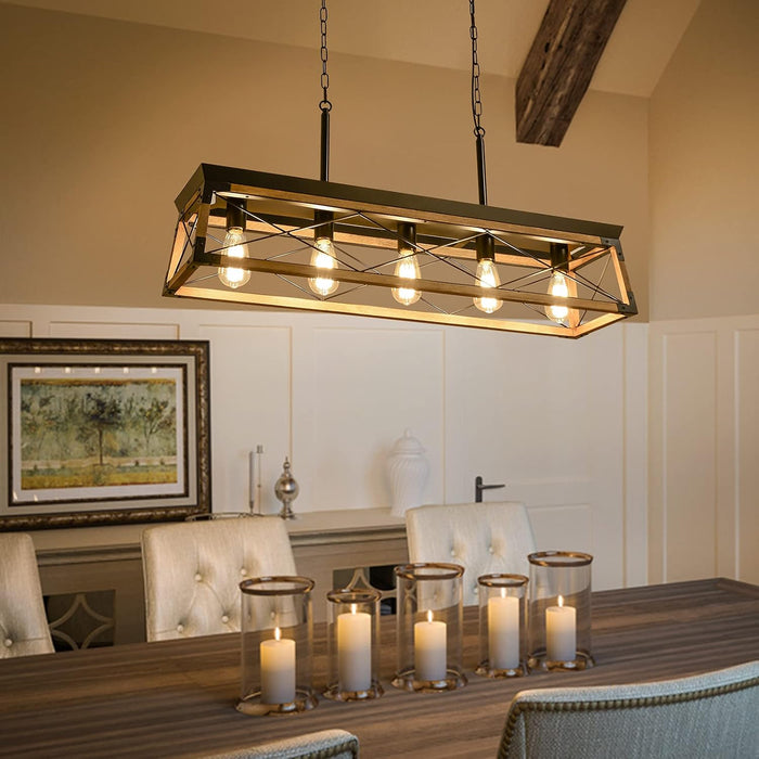 Rustic Wood Chandelier Five Lights Farmhouse Pendant