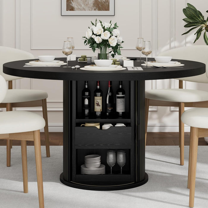 47" round Dining Table for 4-6, Farmhouse Kitchen Table, Black | Dining Table with 2-Layer Storage Shelf and Drawer, Circle Dinner Table for Dining Room, Kitchen, Living Room (Table Only)