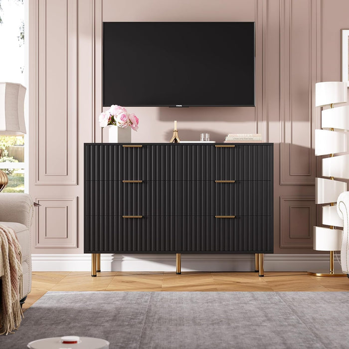 47.2" Fluted Black 6 Drawer Dresser for Bedroom with Deep Drawer