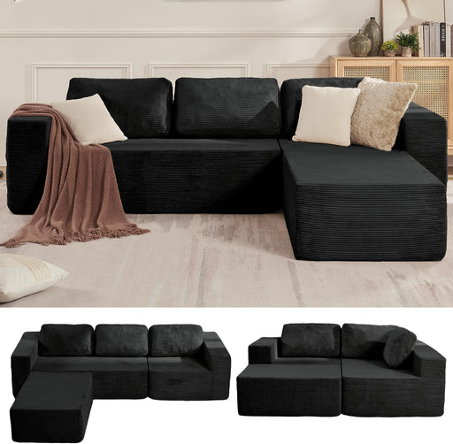 106Inch Black Convertible Corduroy Modular Sectional Sofa