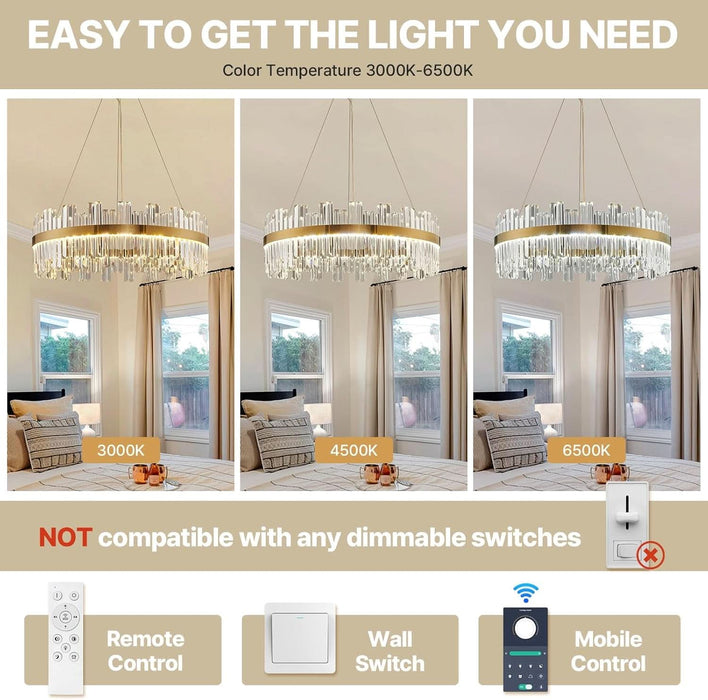 23.6''Gold Modern LED Crystal Chandelier- Contemporary Chandelier Light Fixture,Luxury Adjustable Height Chandeliers,3 Colors Dimmable Pendant Ceiling Light for Dining Room Foyer with Remote Control