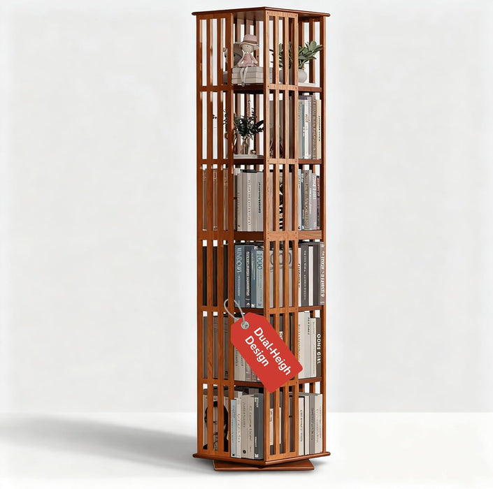 Rotating Bookshelf Tower– 6 Tier 360° Bamboo Spinning Bookshelf | Space-Saving Floor Standing Square Revolving Bookcase for Small Space, Home Offices & Reading Corners | Walnut