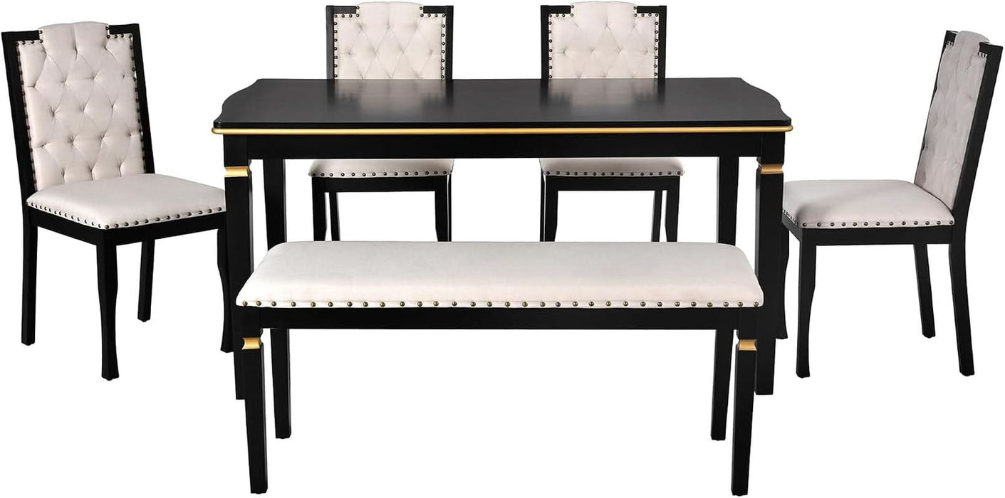 6-Piece Kitchen Dining Table Set, 60" Rectangular Table with 4 High-Back Tufted Upholstered Chairs & 1 Bench, Rubberwood Legs Modern Elegant Farmhouse for Kitchen Room, Black