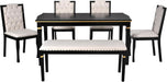 6-Piece Kitchen Dining Table Set, 60" Rectangular Table with 4 High-Back Tufted Upholstered Chairs & 1 Bench, Rubberwood Legs Modern Elegant Farmhouse for Kitchen Room, Black