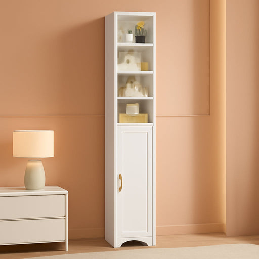 71" Tall Narrow Bookshelf with Door, 8-Tier Adjustable Shelves Bookcase, Freestanding Storage Cabinet with Raised Base for Living Room Bathroom Office, White