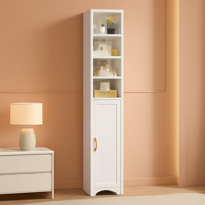 71" Tall Narrow Bookshelf with Door, 8-Tier Adjustable Shelves Bookcase, Freestanding Storage Cabinet with Raised Base for Living Room Bathroom Office, White