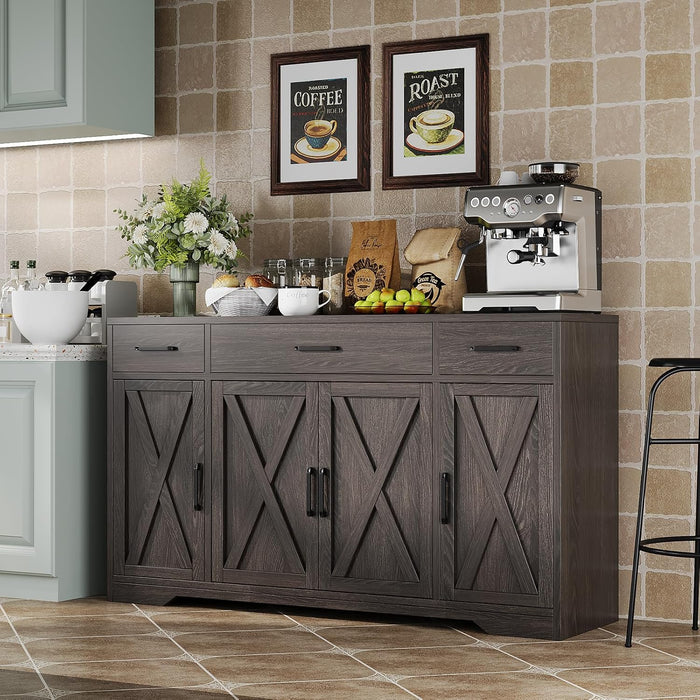 55 in Large Buffet Sideboard Cabinet with Storage 4 Doors and 3 Drawers Kitchen Storage Cabinet Coffee Bar Buffet Table for Dining Room, Living Room, Adjustable Shelf