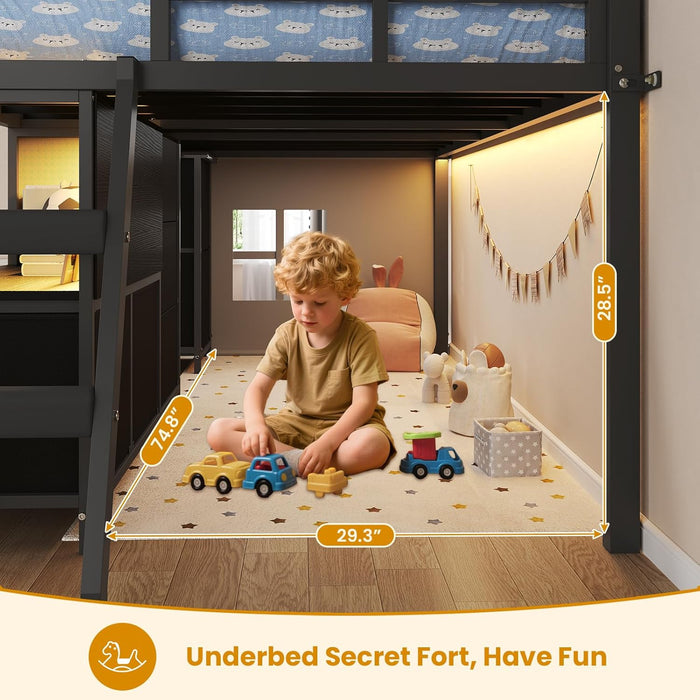 Low Loft Bed Twin Size with 7 Storage Drawers, Bookcase and LED Lights, Metal Kids Loft Bed with 14" H Safety Guardrail,Inclined Ladder and Play Curtain, Under-Bed Play Space, Black