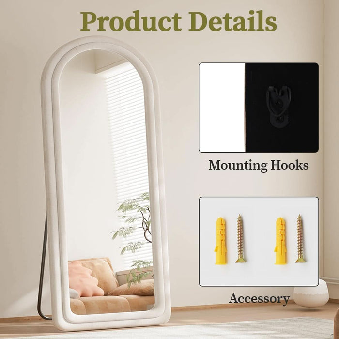 63"X24" Arched Mirror Full Length, Full Body Freely Standing Mirror, Flannel Floor Mirror with Stand for Bedroom, Living Room, Hanging or against the Wall, White