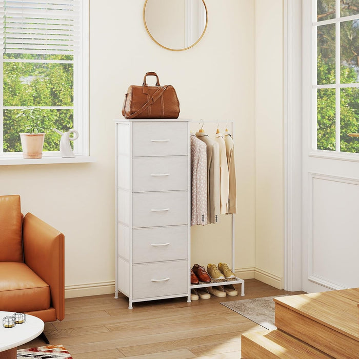 Dresser with Hanging Rack, 5 Drawers Small Closet for Bedroom, Reversible Dresser with Clothes Rack, Kids Dressers for Bedroom Chest of Drawers, Tall Storage Tower, White Leather
