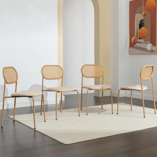 Boho Dining Chairs Set of 4 with Rattan Back, Upholstered Cane Seats, Metal Legs - Perfect for Dinner, Living Room, or Reception Area