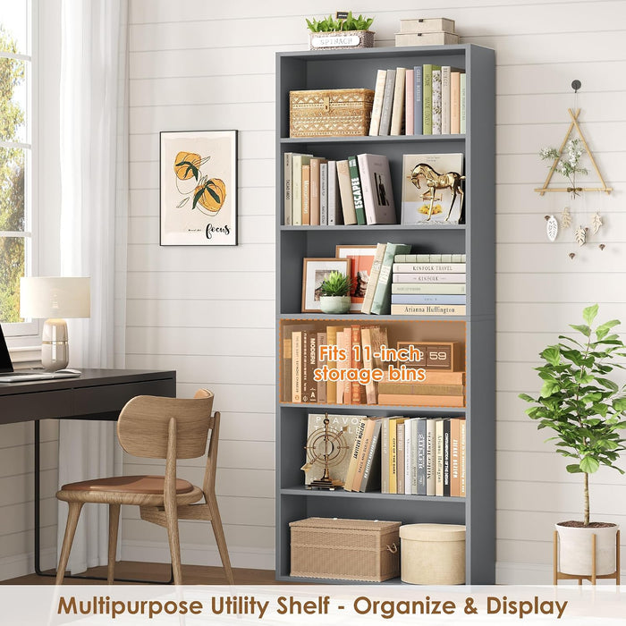 6 Tier Tall Bookshelf Bookcase with Open Display Shelves, Dark Gray